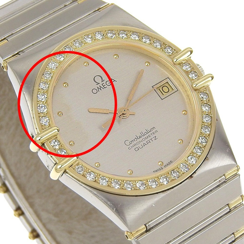 歐米茄星座系列男士腕錶，不鏽鋼錶殼鑲鑽，石英機芯，指針式顯示，銀色錶盤-2