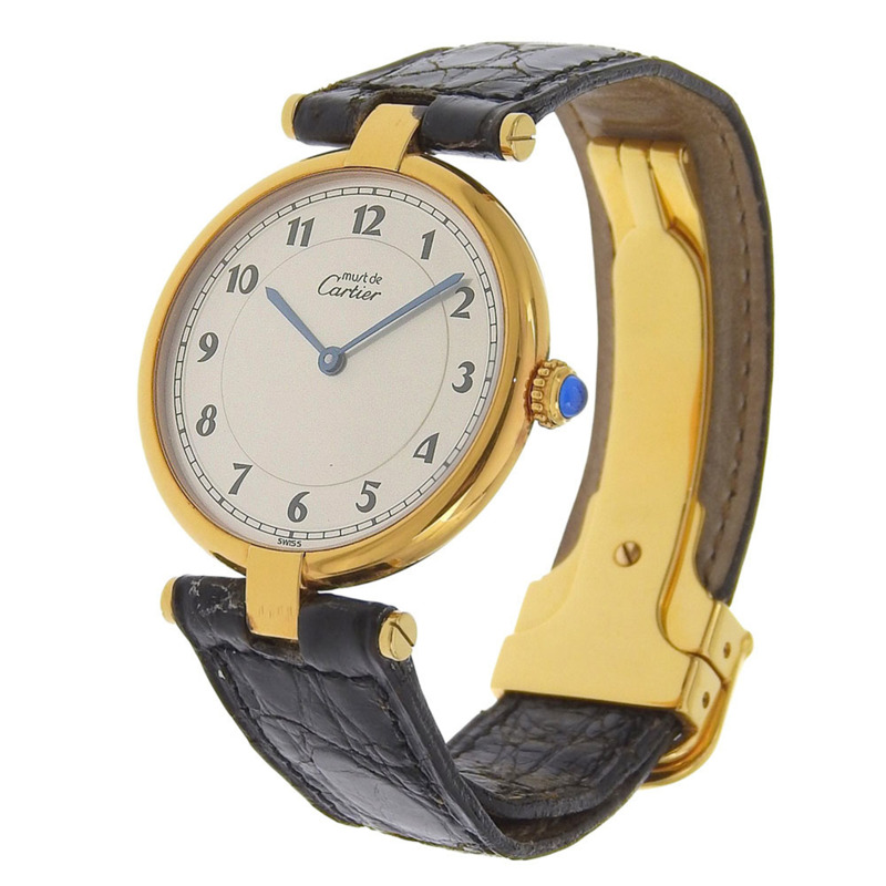 卡地亞 Must Vermeil 女士腕錶，90 型機芯，鍍金皮錶帶，石英機芯，指針式顯示，銀色錶盤-1