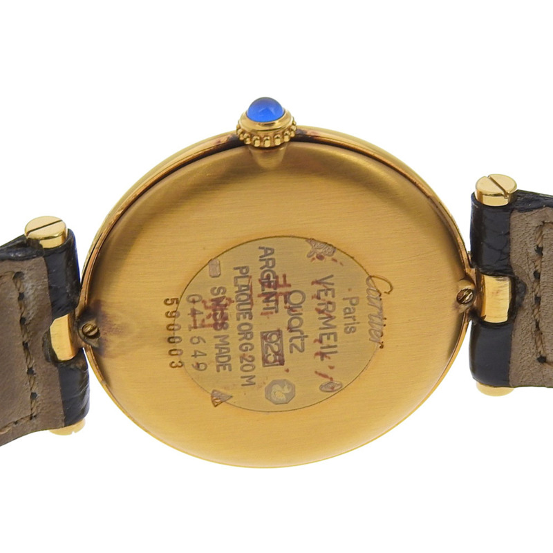 卡地亞 Must Vermeil 女士腕錶，90 型機芯，鍍金皮錶帶，石英機芯，指針式顯示，銀色錶盤-5