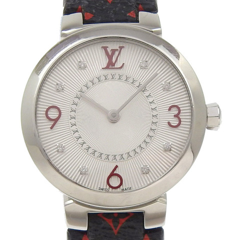 路易威登 Tambour Slim 女士腕錶，8 顆鑽石，型號 Q12MGA，不銹鋼和皮革錶殼，石英機芯，指針式顯示，銀色錶盤