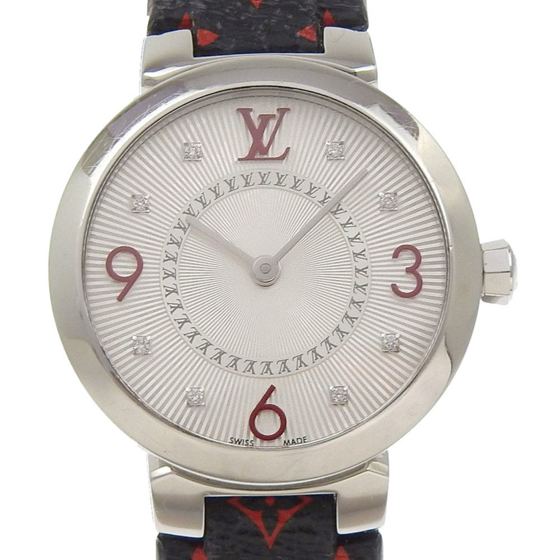 路易威登 Tambour Slim 女士腕錶，8 顆鑽石，型號 Q12MGA，不銹鋼和皮革錶殼，石英機芯，指針式顯示，銀色錶盤-0