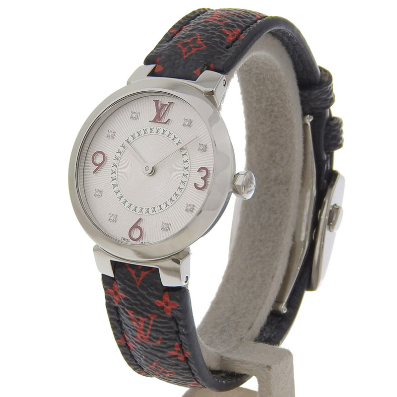 路易威登 Tambour Slim 女士腕錶，8 顆鑽石，型號 Q12MGA，不銹鋼和皮革錶殼，石英機芯，指針式顯示，銀色錶盤-1
