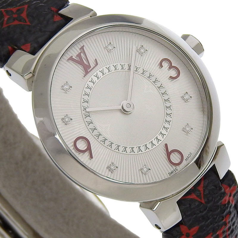 路易威登 Tambour Slim 女士腕錶，8 顆鑽石，型號 Q12MGA，不銹鋼和皮革錶殼，石英機芯，指針式顯示，銀色錶盤-2