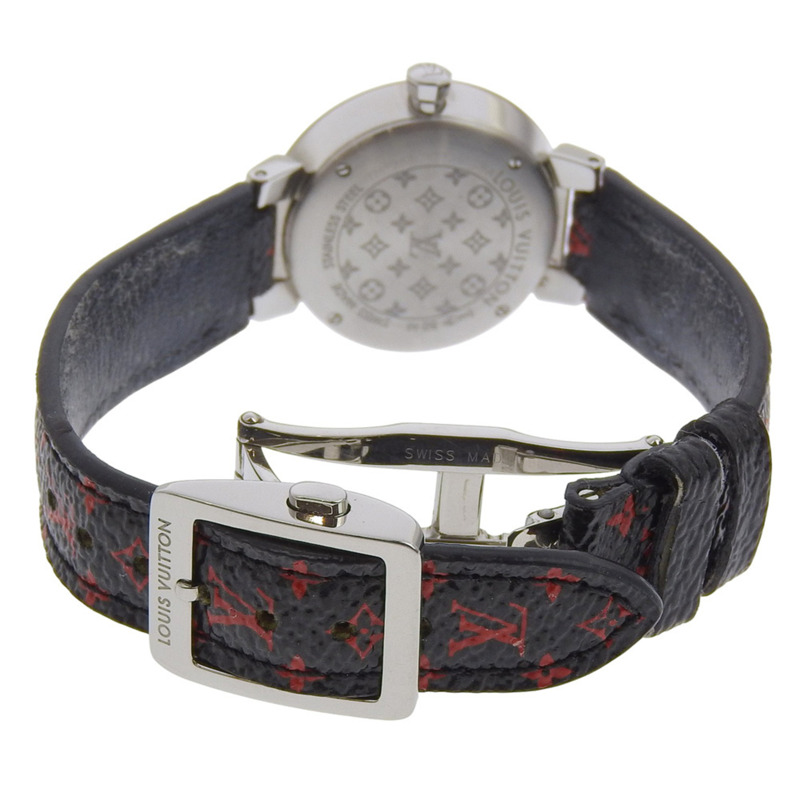 路易威登 Tambour Slim 女士腕錶，8 顆鑽石，型號 Q12MGA，不銹鋼和皮革錶殼，石英機芯，指針式顯示，銀色錶盤-4