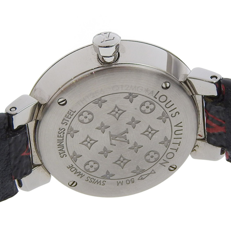 路易威登 Tambour Slim 女士腕錶，8 顆鑽石，型號 Q12MGA，不銹鋼和皮革錶殼，石英機芯，指針式顯示，銀色錶盤-5