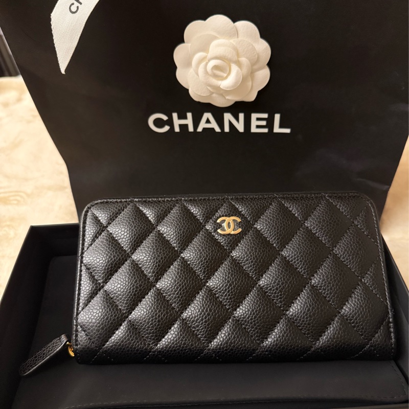 CHANEL 香奈兒經典格紋牛皮黑金長夾-0