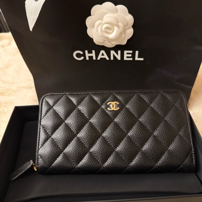 CHANEL 香奈兒經典格紋牛皮黑金長夾-5
