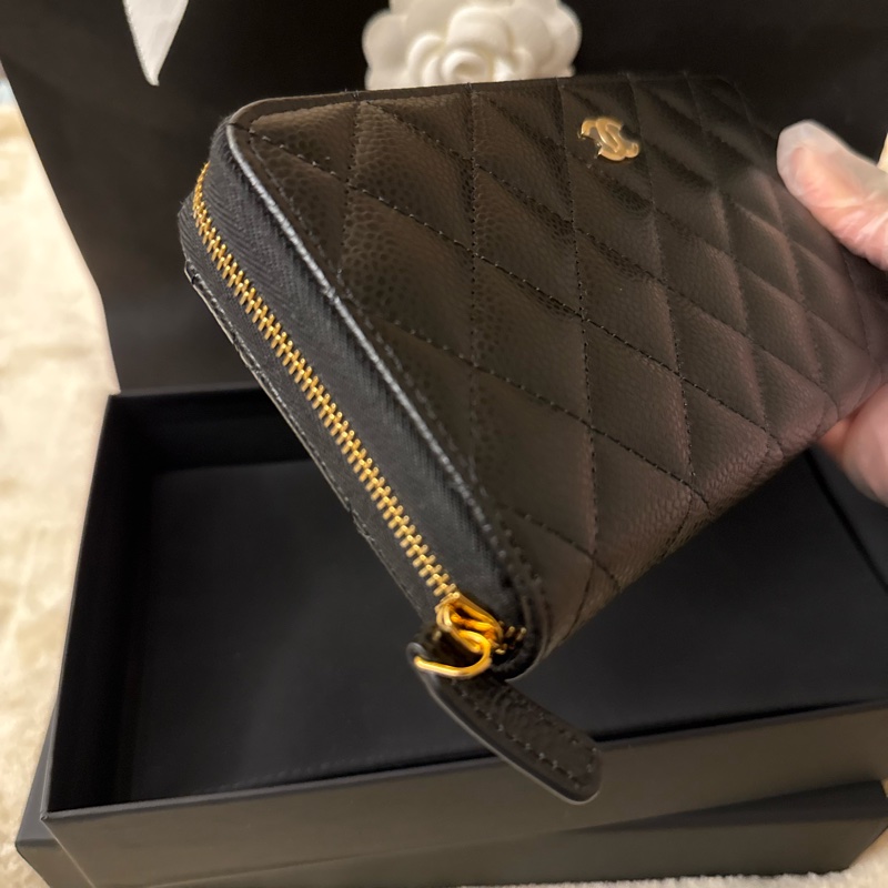 CHANEL 香奈兒經典格紋牛皮黑金長夾-8