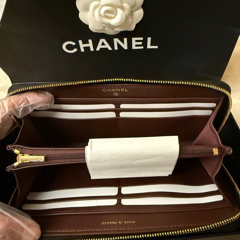 CHANEL 香奈兒經典格紋牛皮黑金長夾-9