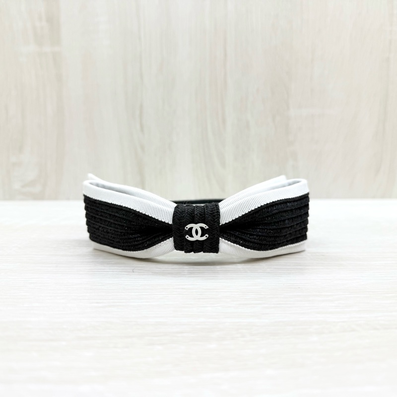 CHANEL黑白拚色蝴蝶結造型髮箍-0