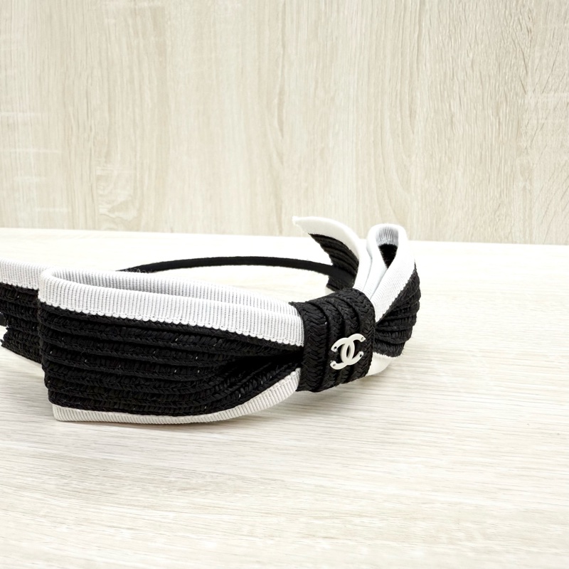 CHANEL黑白拚色蝴蝶結造型髮箍-5