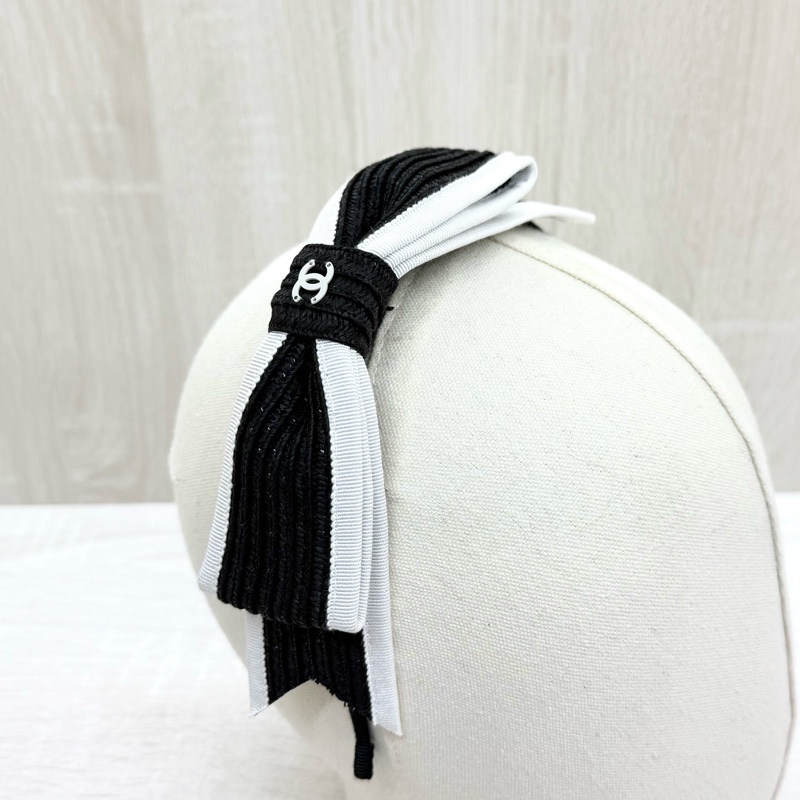 CHANEL黑白拚色蝴蝶結造型髮箍-7