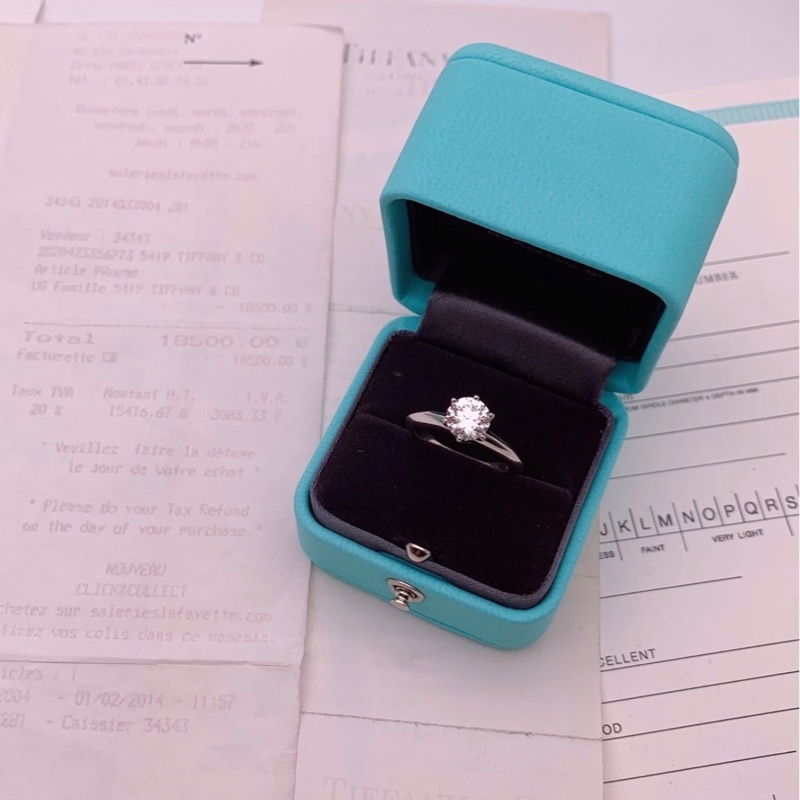 Tiffany蒂芙尼鑽戒 鉑金六爪 1.12克拉、E色、VS2 全套帶票 14年在法國巴黎-0