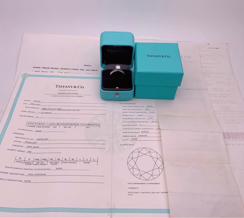 Tiffany蒂芙尼鑽戒 鉑金六爪 1.12克拉、E色、VS2 全套帶票 14年在法國巴黎-3