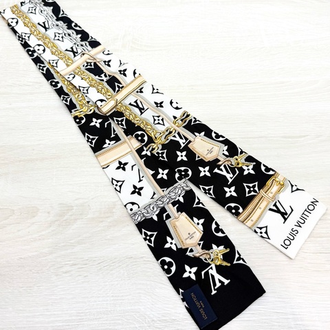 LV黑白老花拼皮繩圖騰twilly寬絲巾M78656