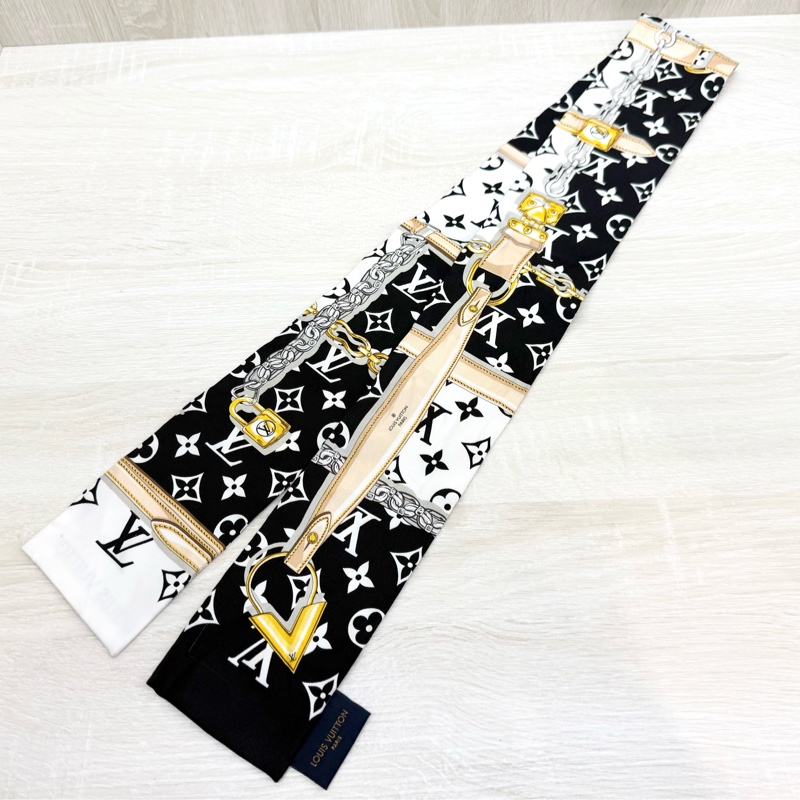 LV黑白老花拼皮繩圖騰twilly寬絲巾M78656-1