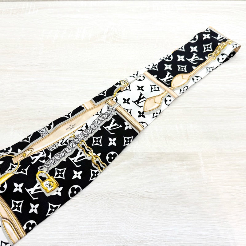 LV黑白老花拼皮繩圖騰twilly寬絲巾M78656-4