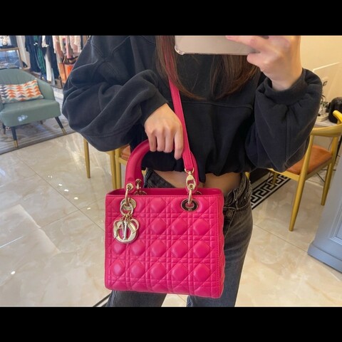 DIOR Lady dior 五格戴妃 玫紅色 羊皮