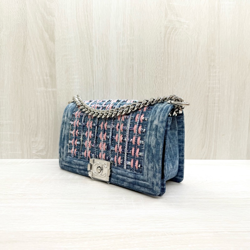 CHANEL牛仔布拼接毛呢編織銀扣BOY25-2