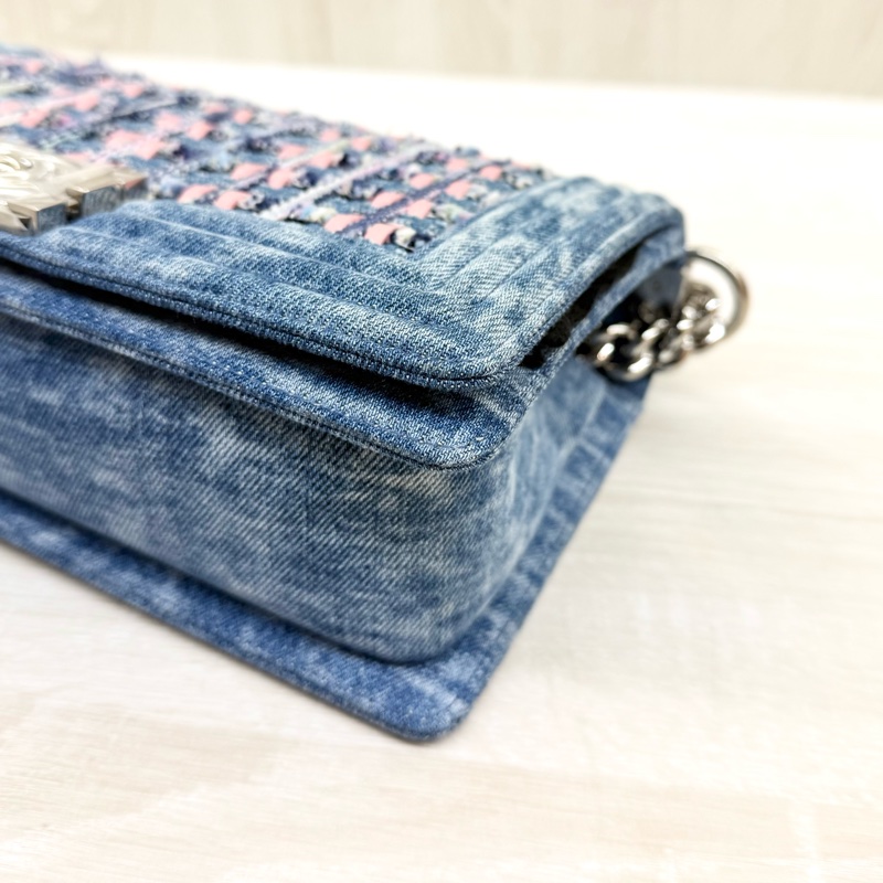 CHANEL牛仔布拼接毛呢編織銀扣BOY25-11