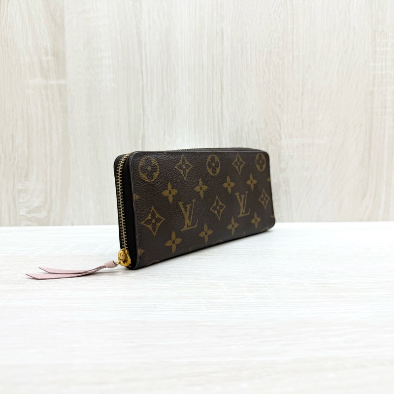 LV原花拼粉色內裡Clemence窄版ㄇ拉長夾M61298-3