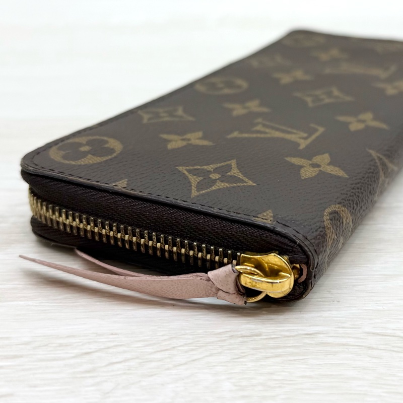 LV原花拼粉色內裡Clemence窄版ㄇ拉長夾M61298-8