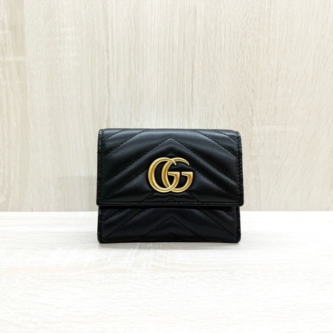 GUCCI黑色牛皮馬夢金釦三折短夾474802