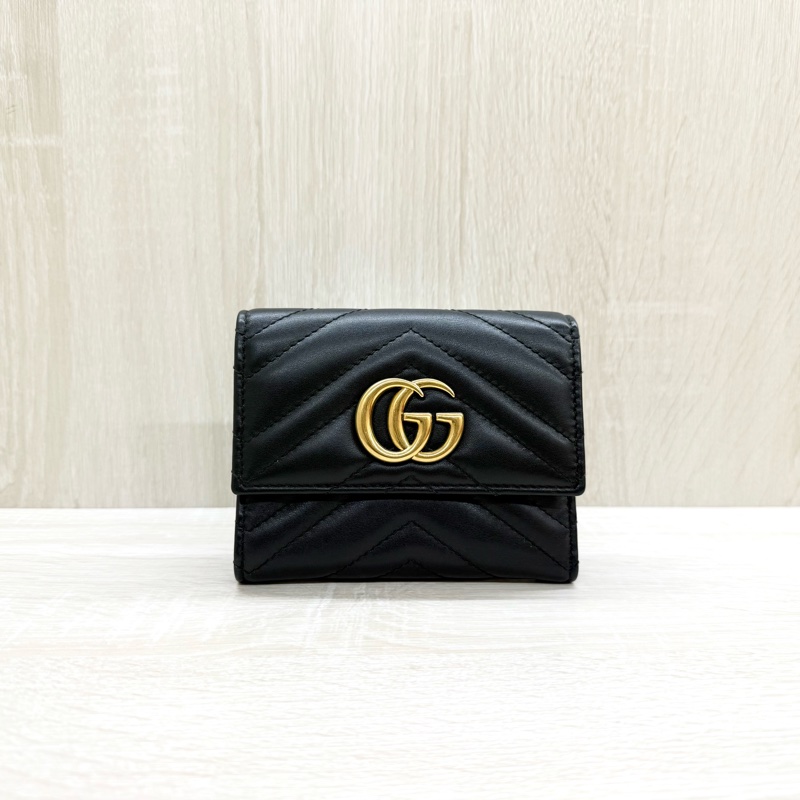 GUCCI黑色牛皮馬夢金釦三折短夾474802-0