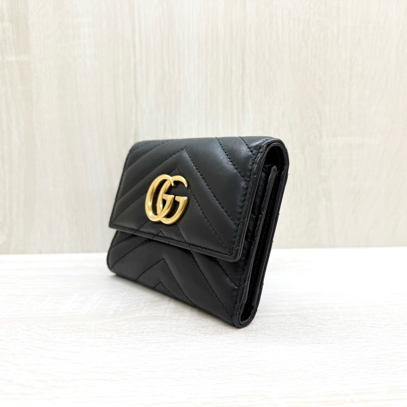 GUCCI黑色牛皮馬夢金釦三折短夾474802-2