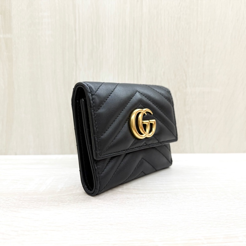 GUCCI黑色牛皮馬夢金釦三折短夾474802-3