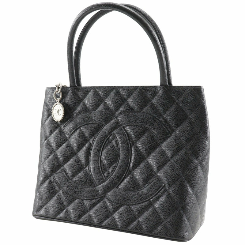 香奈兒復刻版手提包，Coco標誌，絎縫，A01804，魚子醬紋皮革，黑色，A5 Medallion手提包，女士-1