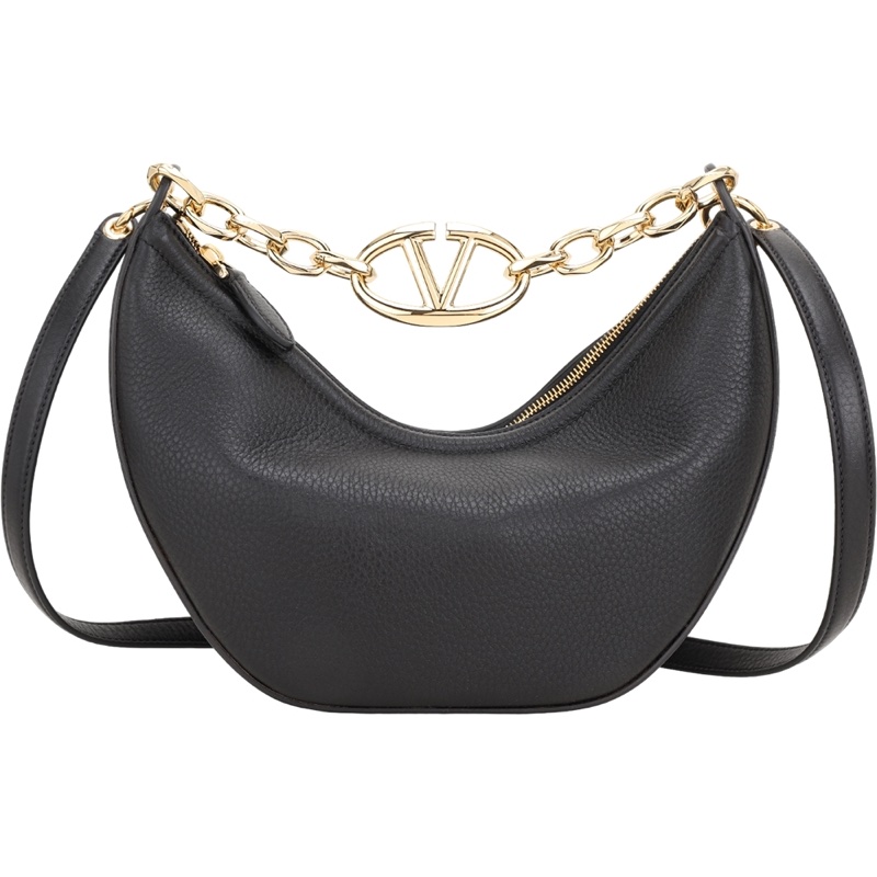 Valentino VLogo Moon 品牌V金屬鍊帶粒面小牛皮肩斜背流浪包(黑色)-5