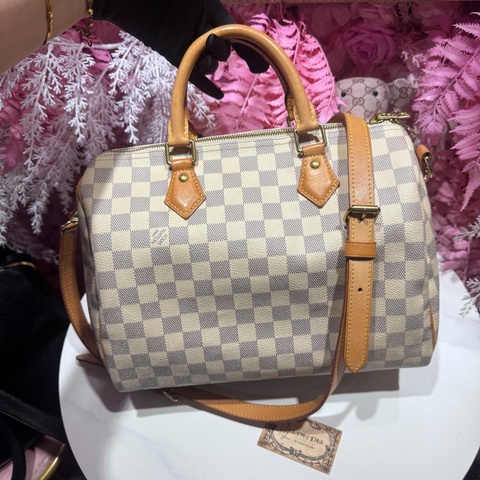 Lv白棋盤格speedy30背袋/王吉娜古董精品