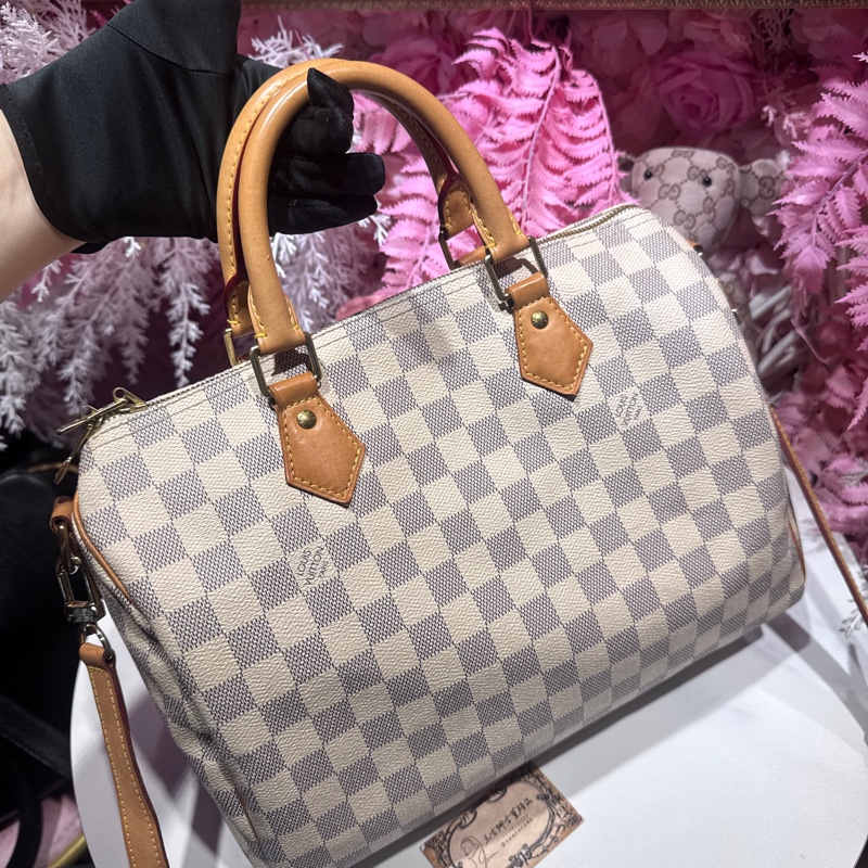 Lv白棋盤格speedy30背袋/王吉娜古董精品-5