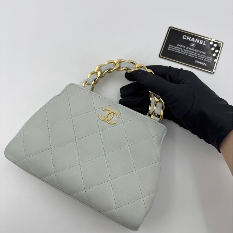 Chanel 2004 Lambskin Light Blue Quilted Chain Top Handle CC Handbag with Gold Hardware-0