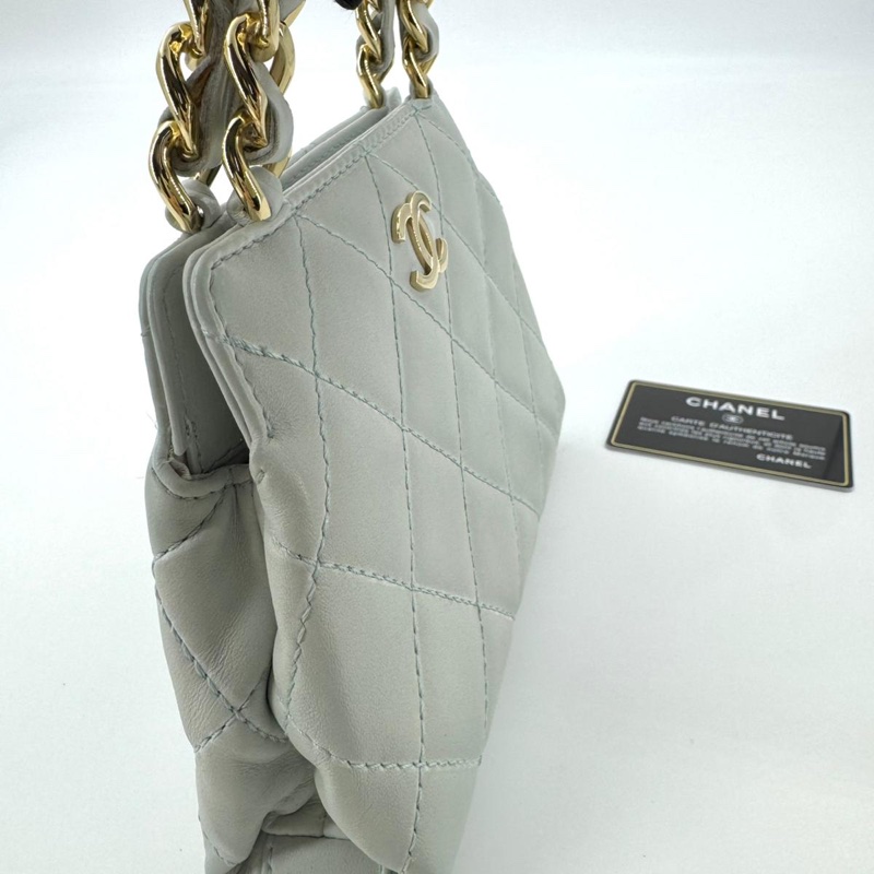 Chanel 2004 Lambskin Light Blue Quilted Chain Top Handle CC Handbag with Gold Hardware-2
