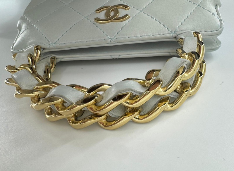 Chanel 2004 Lambskin Light Blue Quilted Chain Top Handle CC Handbag with Gold Hardware-9