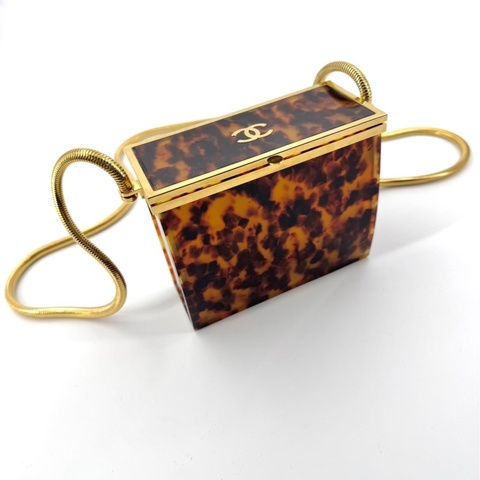 Chanel Vintage 97P Tortoiseshell Plexiglass CC Evening Box Bag with 24k Gold-plated Snake Chain