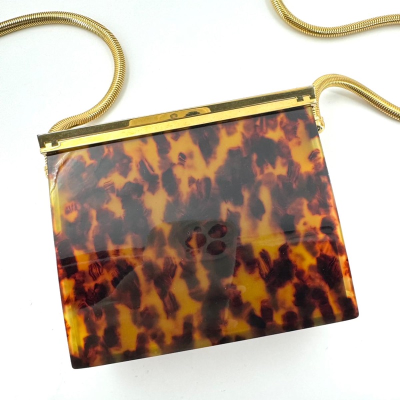 Chanel Vintage 97P Tortoiseshell Plexiglass CC Evening Box Bag with 24k Gold-plated Snake Chain-14