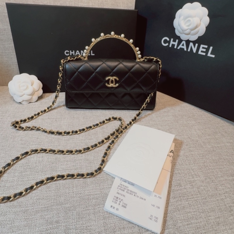 #chanel 香奈兒 woc 字母珍珠手把 黑金 晶片款-0
