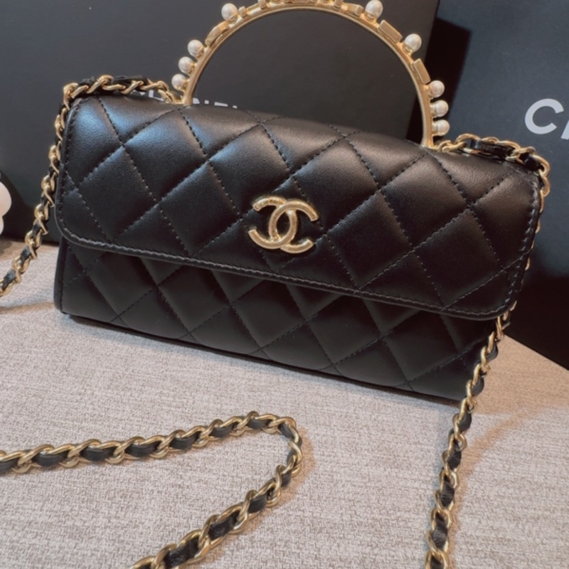 #chanel 香奈兒 woc 字母珍珠手把 黑金 晶片款-1