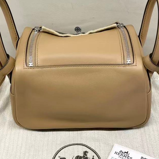 🌈Hermes🌟Mini Lindy一代🌟奶茶色內拼錦葵粉銀扣💗99新🌈Stamp U🌟-1