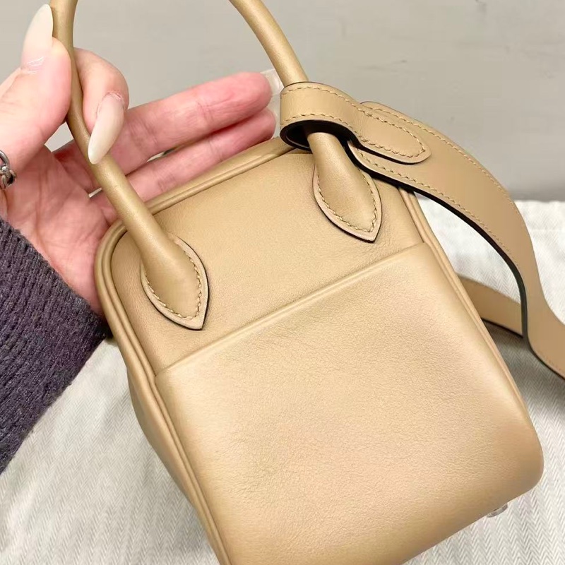 🌈Hermes🌟Mini Lindy一代🌟奶茶色內拼錦葵粉銀扣💗99新🌈Stamp U🌟-5