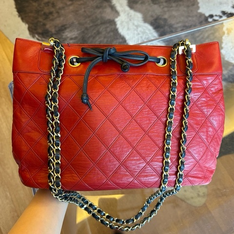 Chanel香奈兒紅黑菱格紋牛皮鏈條包