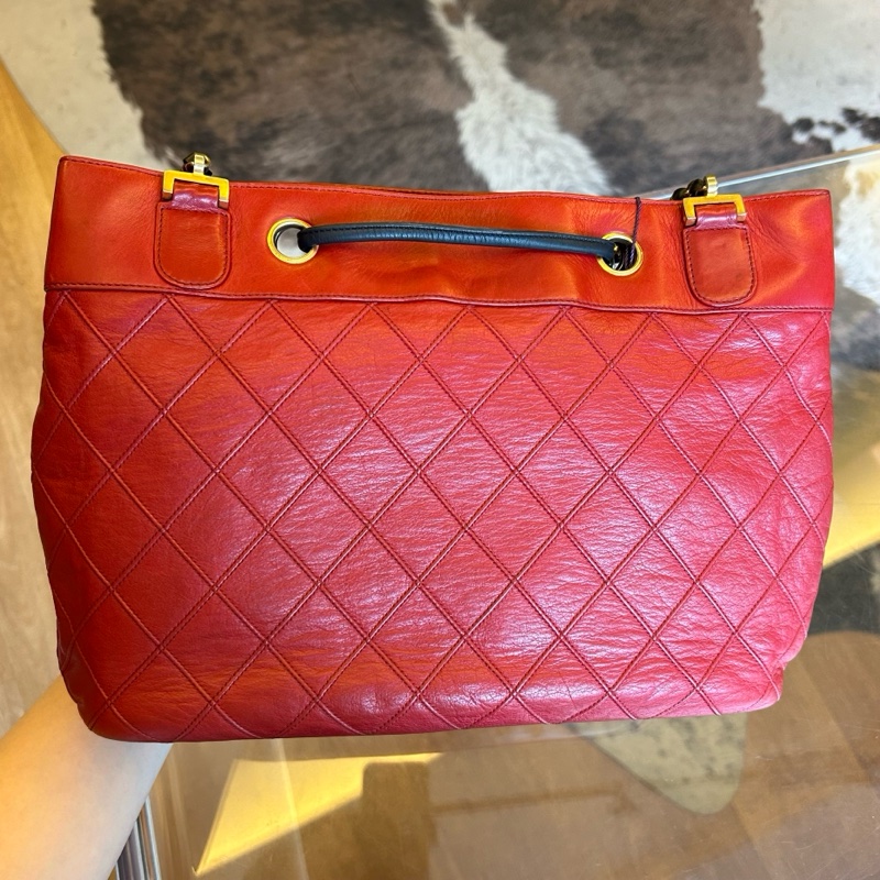 Chanel香奈兒紅黑菱格紋牛皮鏈條包-4