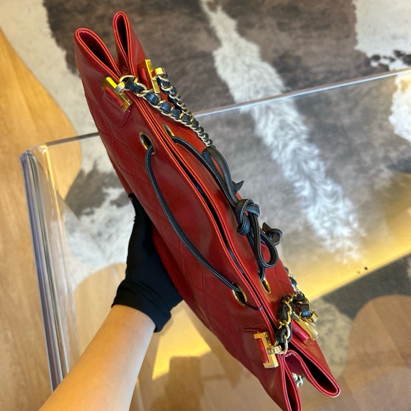 Chanel香奈兒紅黑菱格紋牛皮鏈條包-5