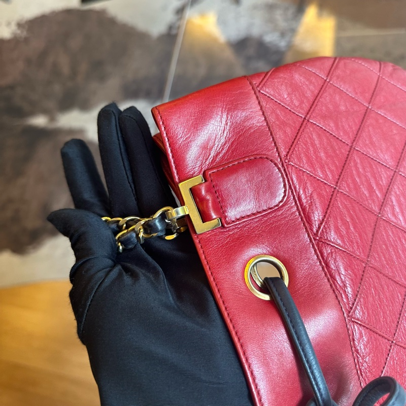 Chanel香奈兒紅黑菱格紋牛皮鏈條包-8