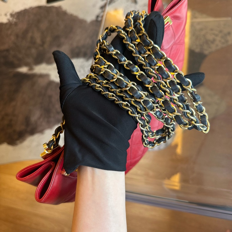 Chanel香奈兒紅黑菱格紋牛皮鏈條包-12