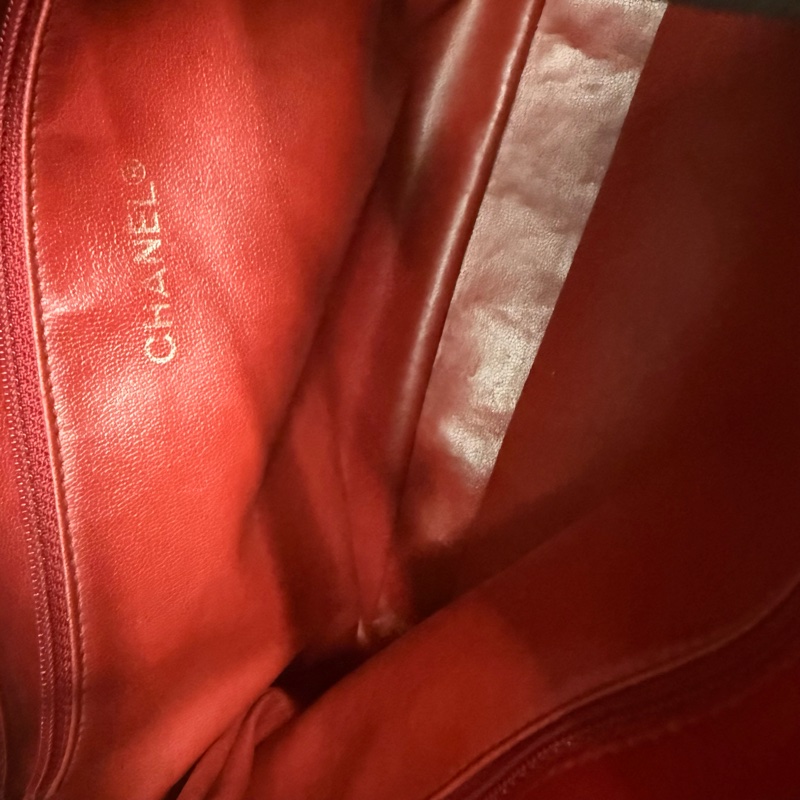 Chanel香奈兒紅黑菱格紋牛皮鏈條包-13