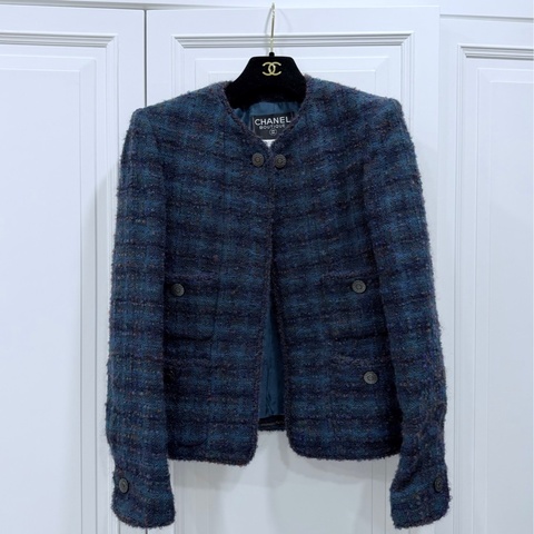 Chanel 孔雀藍 紫 粗呢 方格四口袋 西外 毛呢外套 外套